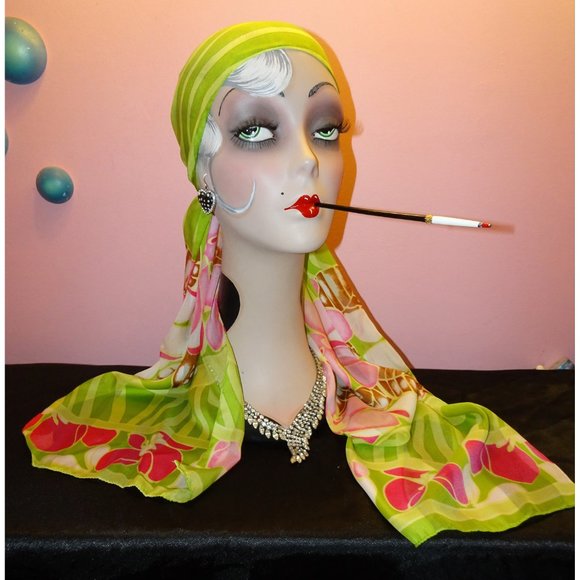 Vintage Green & Pink Floral Scarf tropical boho neck scarf pinup retro - Picture 9 of 10